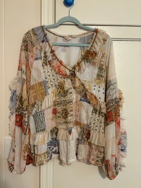 Anthropologie Tiny Boho Patchwork Ruffle V-Neck Women's Top - sheer sleeves